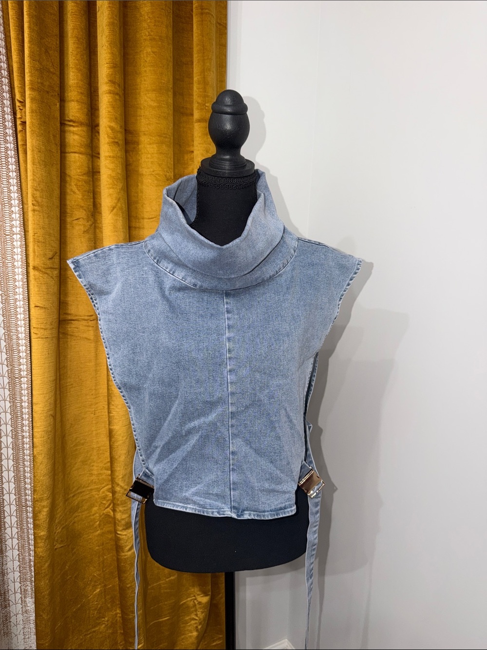 Sleeveless Light Wash Denim Crop Top with High Neck